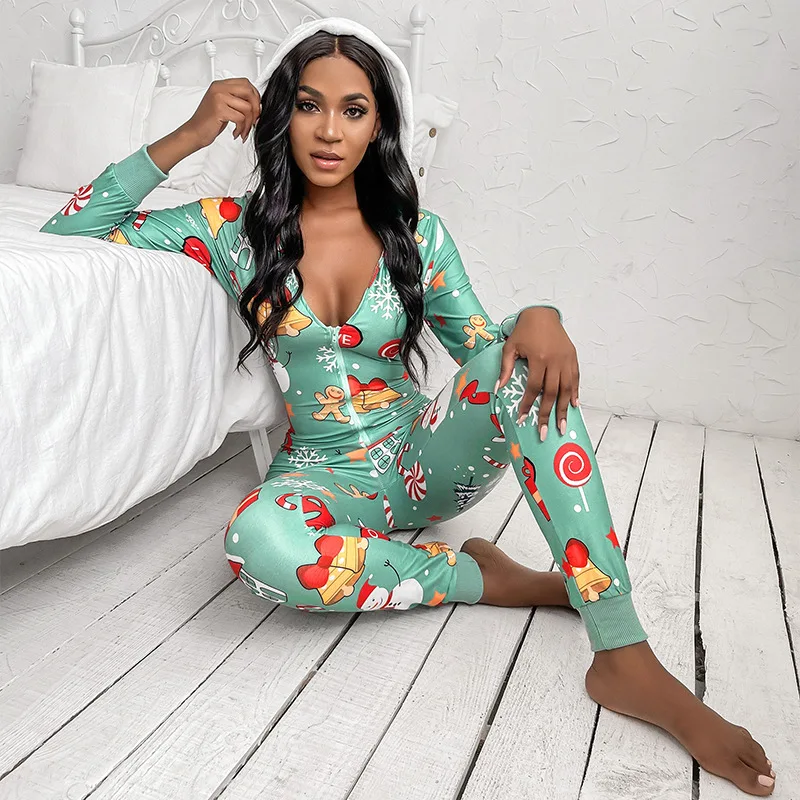 Оптовая продажа, пикантная одежда для сна с принтом и глубоким v-образным вырезом, хлопковая комбинезон, одежда для сна, длинные рождественские пижамы, пижамы