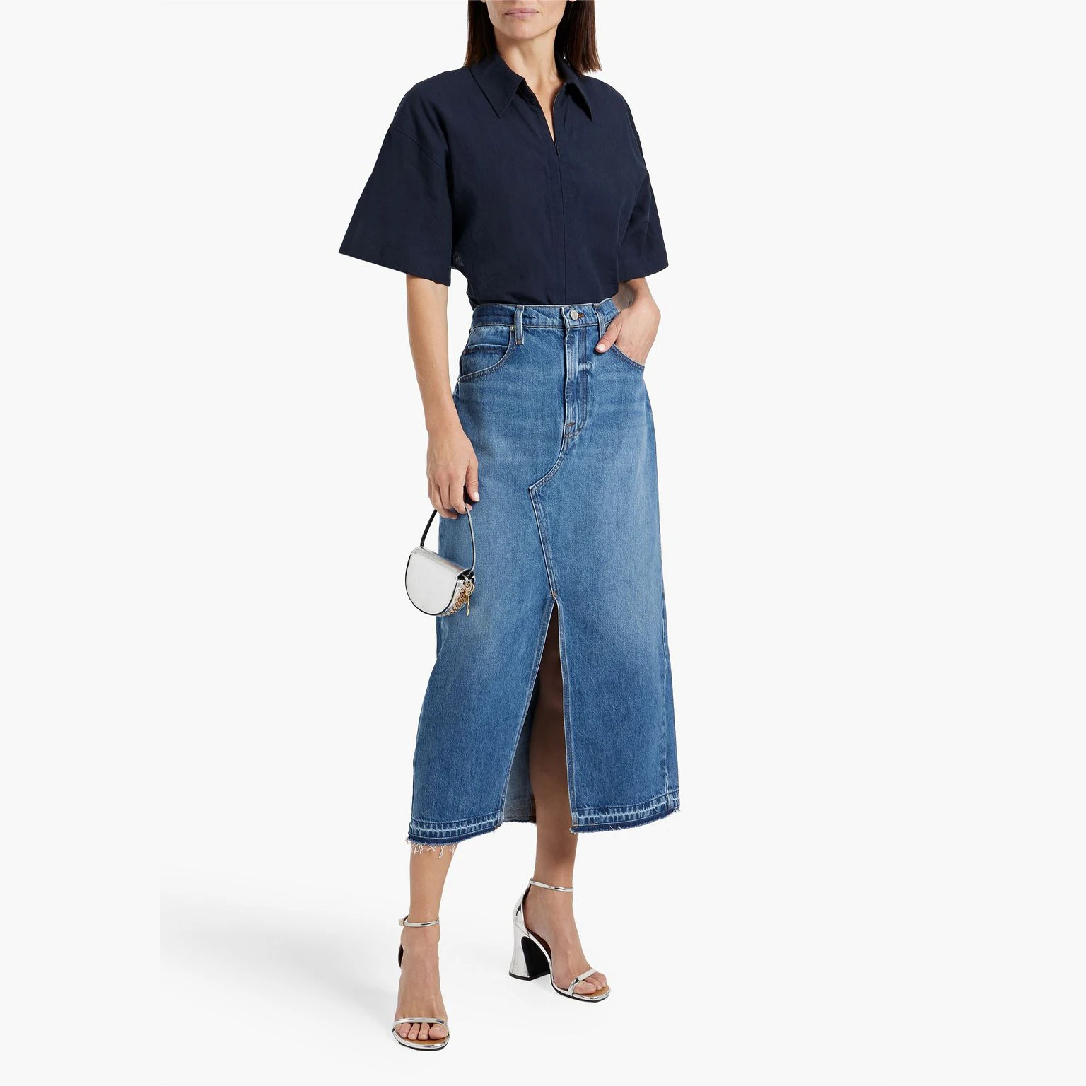 Wholesale custom button front casual plain long ruffle fishtail mermaid high waist ladies maxi fishtail denim skirt women