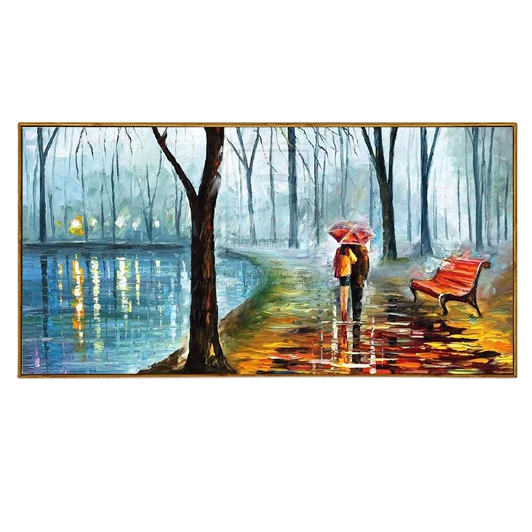 romantic street view in the rain Hand-painted oil painting wall painting for home hotel bars decor Oil Painting