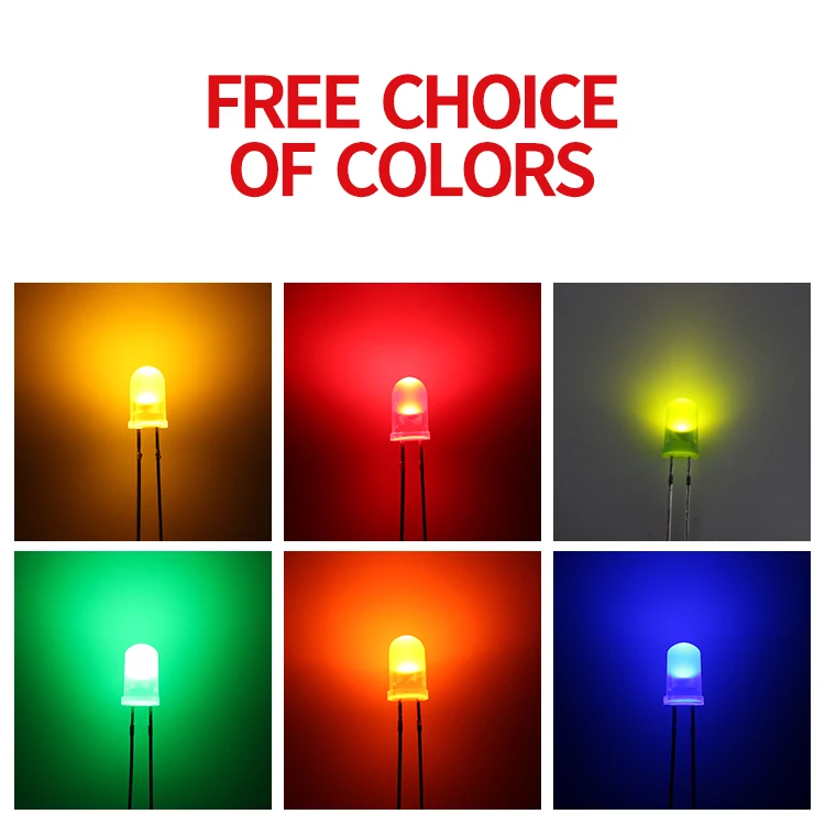 Светодиодные светоизлучающие диоды F5 / 5 мм, короткие ножки с круглой головкой и краями, цвет: белый, светло-красный, синий, зеленый, желтый