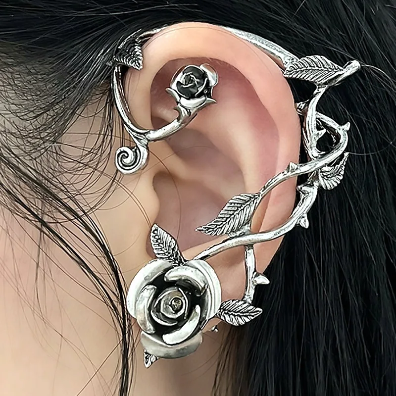 Women Punk Gothic Warp Clip On Earring Piercing Jewelry Gift 1 PC Vintage Rose Flower Ear Cuff Earrings