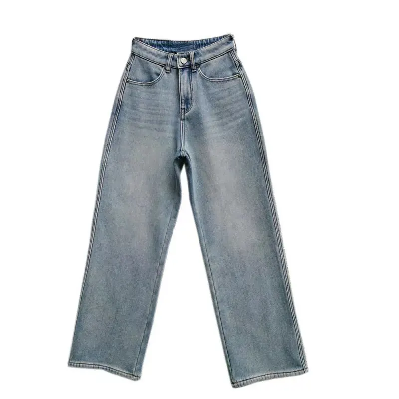 Autumn and winter light straight leg jeans women plus fleece warm high waist loose thick  of wide leg mop long pants