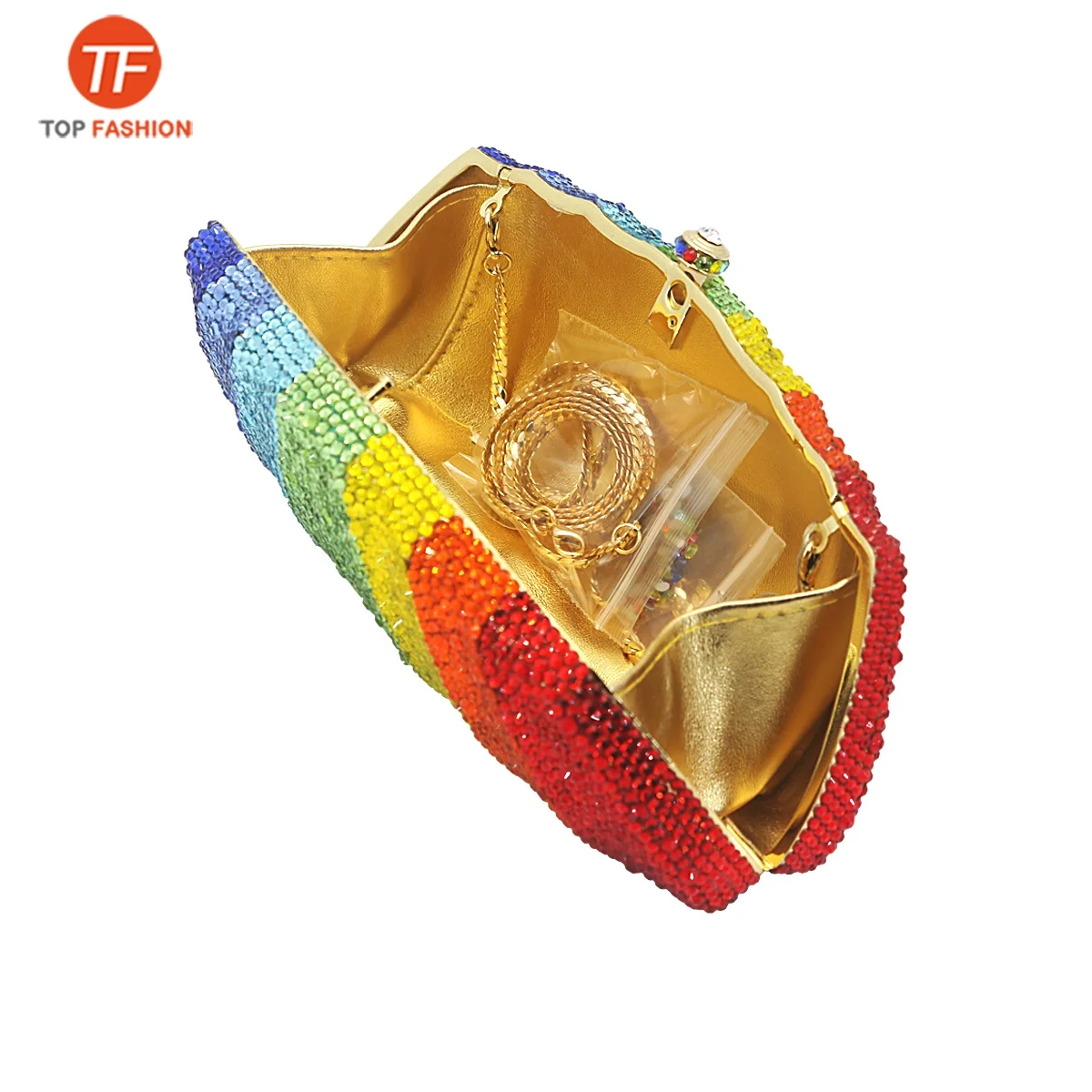 
Factory wholesales Rainbow Colorful Women Crystal Clutch Evening Bags Metal Box Wedding Diamond Bridal Purses 
