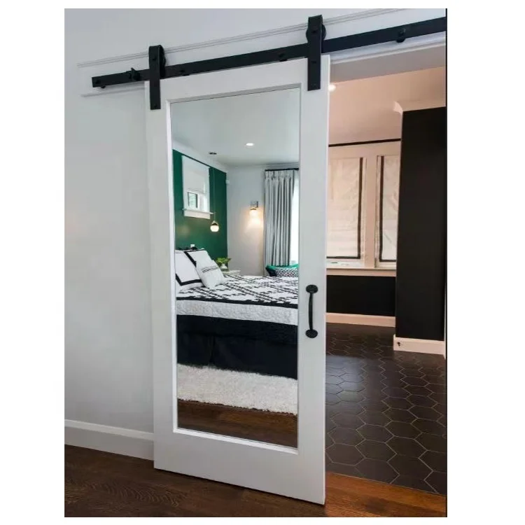 Elegant Mirror Wood Door Grey Painted Interior Bedroom Sliding Mirrored Barn Door With Hardware