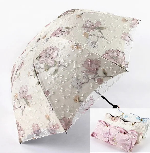 2024 hot seller vintage lace sun umbrella folding 3D flower embroidered lady umbrella outdoor parasol umbrella