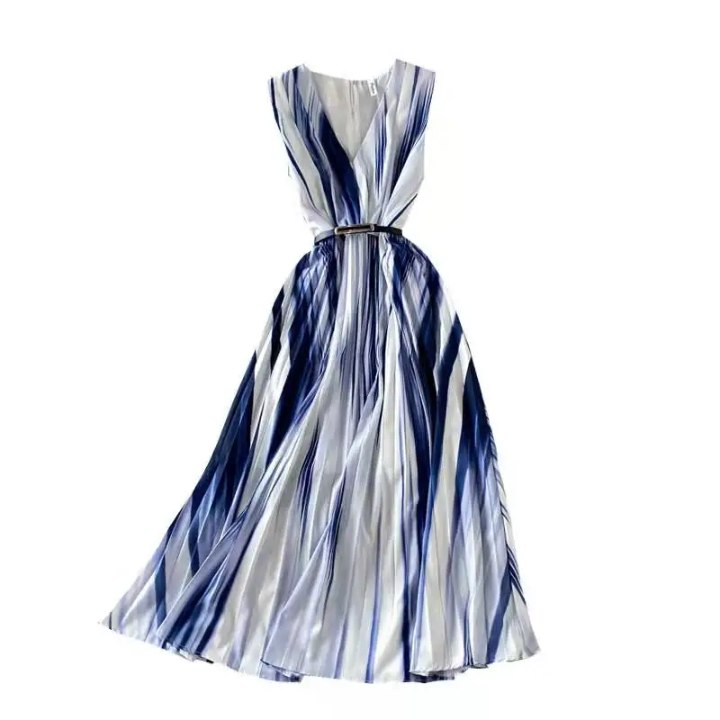 Trending Fashion Long Dress Sleeveless V Neck Tie Die Classy Dress 2021 Women Summer Elegant Formal Evening Dress