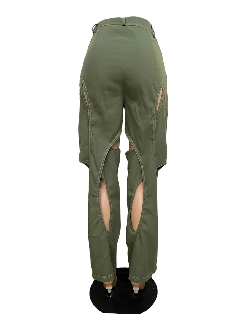 Women Fashion Cargo Pants Long Wide Leg Pants Solid Hollow-out Design High Waist Loose Casual Pants For Ladies