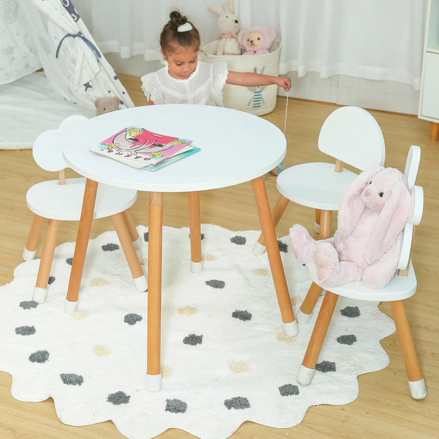 Montessori Furniture Wood Kids Circle Table and Chair Set Child Study Table White School Furniture Set Student Desk and Chair