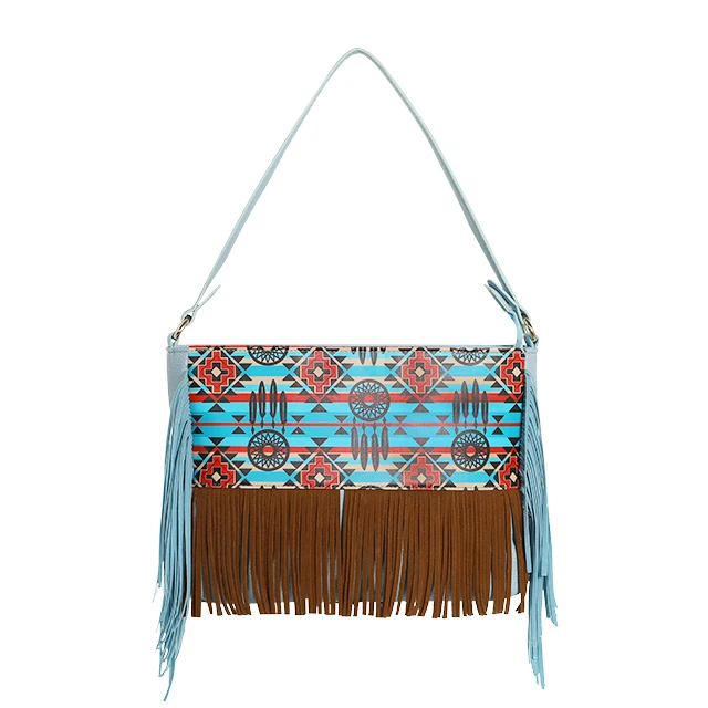 Wholesale Women Tassel Boho Crossbody Purse Zipper Leather Turquoise Suede Western Fringe Bags