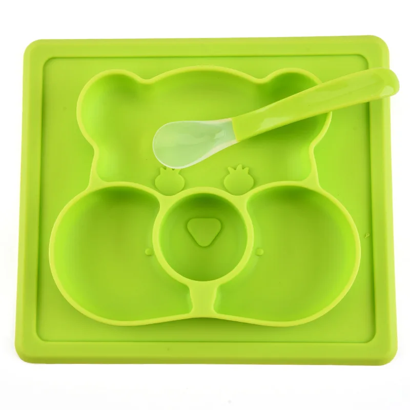 BPA Free Food Grade Silicone Cartoon Baby Feeding Plate Dinner Tableware Silicone Children Baby Divided Plate Mat With Spoon