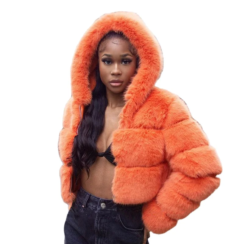 Women Faux Fur Casual Coats New Fashion Solid Hooded Jackets Women Elegant Zipper High Waisted Short Coats Female Ladies