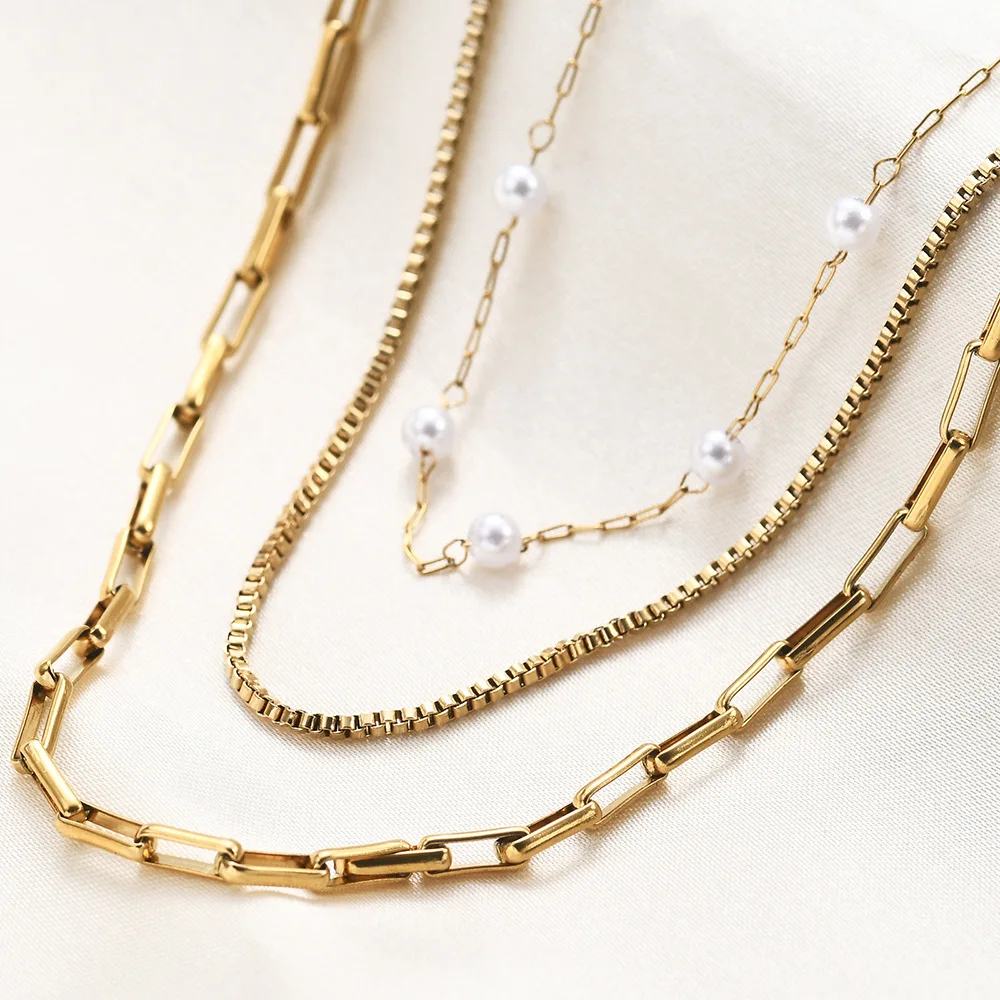 2024 Fashion 3 Layered Chain Necklace 18K Gold Plated Stainless Steel Waterproof Fine Neck Collar Chain Necklace for woman