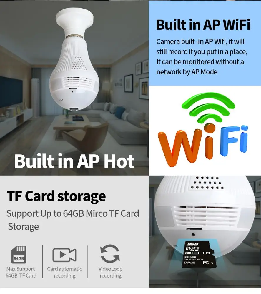 Promotion item Loosafe 960P panoramic view home security wifi bulb cctv camera