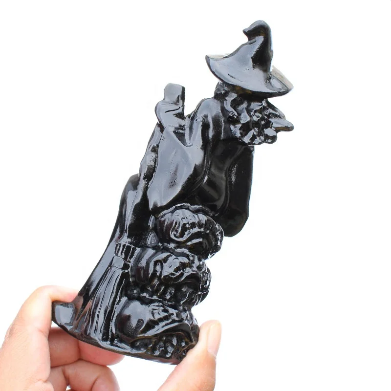 Hand Carved Crystal Black Obsidian Wizard With Pumpkin Crystal Crafts For Halloween Decoration