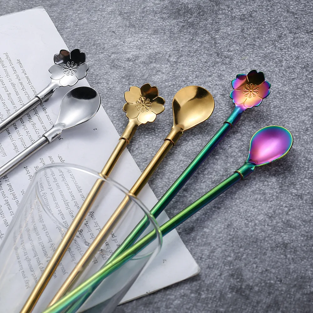The manufacturer directly supplies stainless steel straw spoon, long handle creative cherry stirring spoon and filter leakage sp