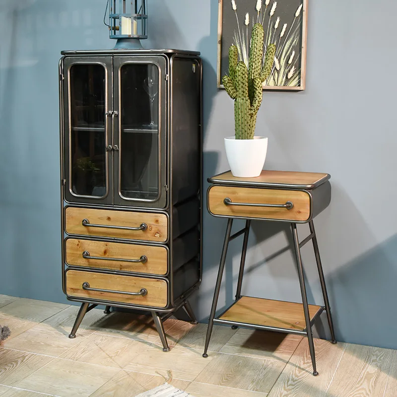 INNOVA Home Vintage Kitchen Wood Metal Storage Drawers Sideboard Accents Industrial Furniture Display Glass Door Cabinets