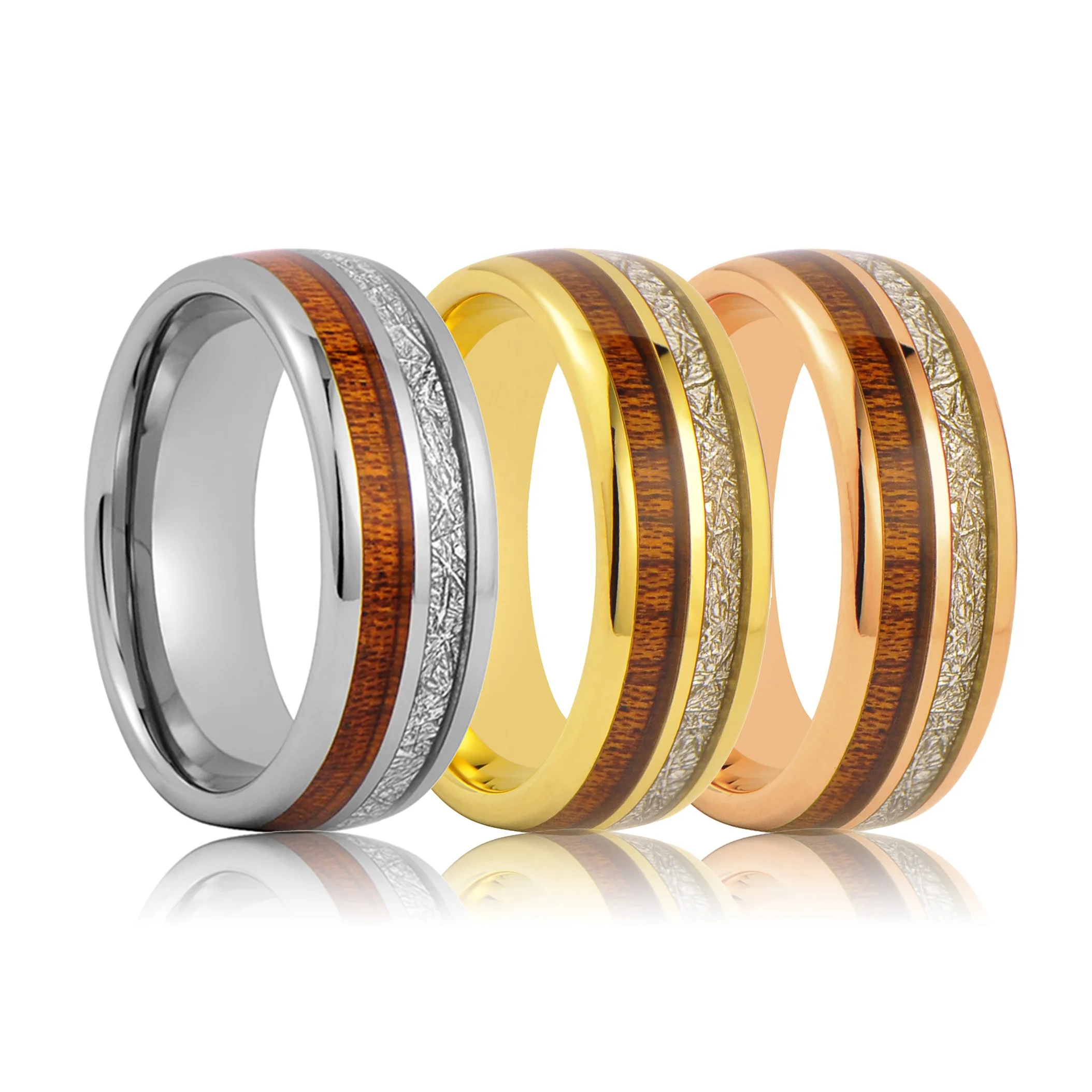 Couple Jewelry KOA Wood and Meteorite Tungsten Wedding Ring Rose Gold
