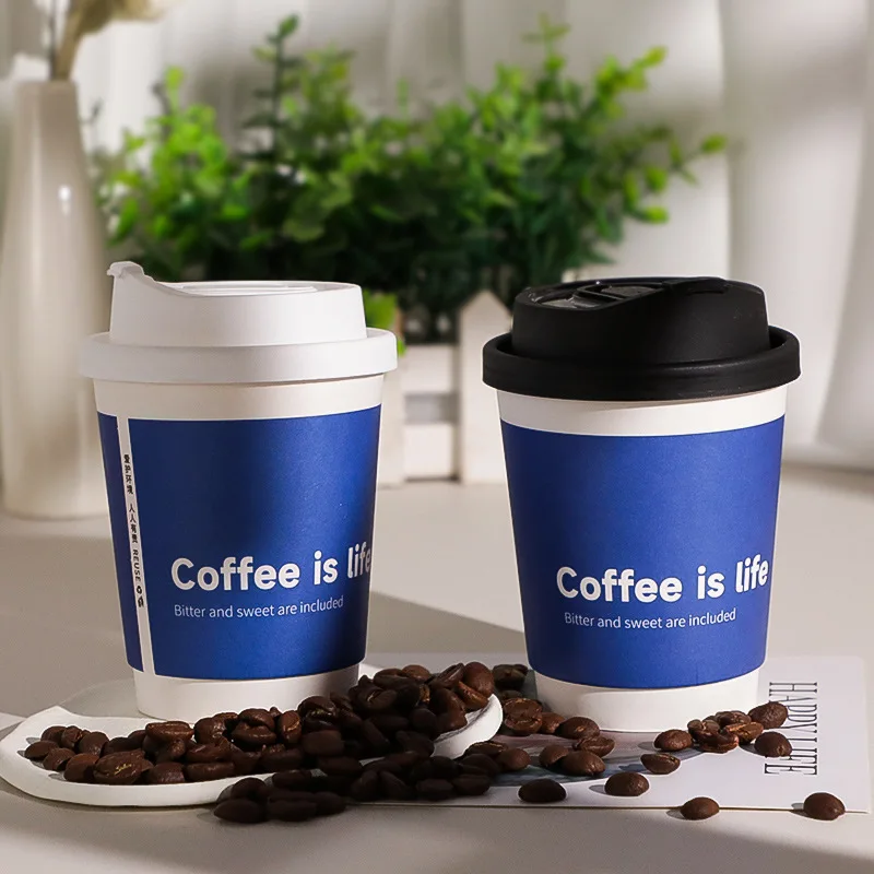 50pcs Disposable Coffee Cups Insulation Takeaway Double-Layer Paper Cup Disposable with Lid