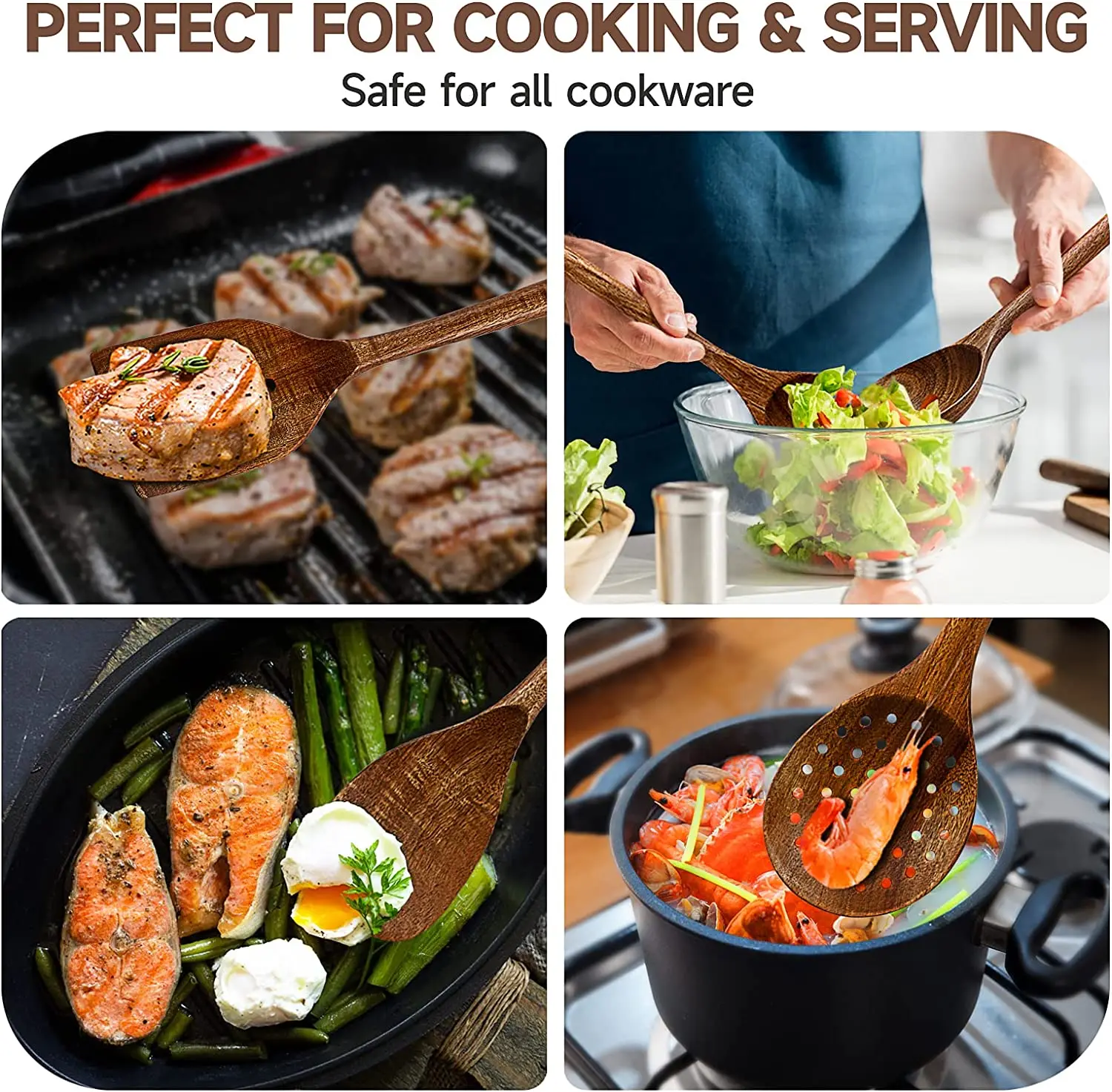 Hot Sale Wooden Spoons Utensils for Cooking Serving 6-Piece 12 Inch Round Handle Acacia Wood Non Stick Set