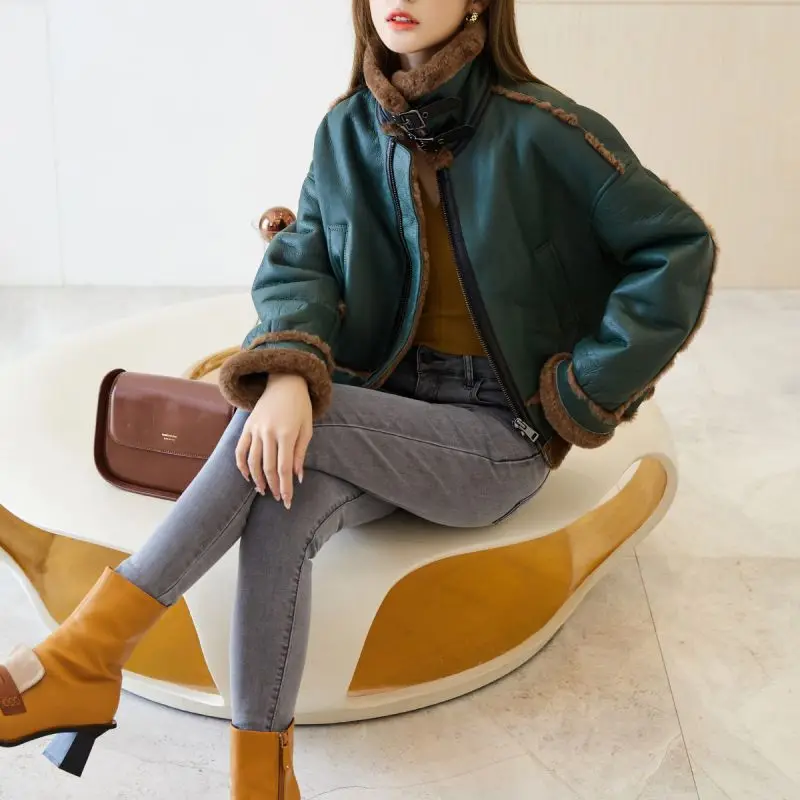 Wholesale fur coats with sleeves with Fox Collar woman leather coat fur coat bomber jackets woman fur jacket