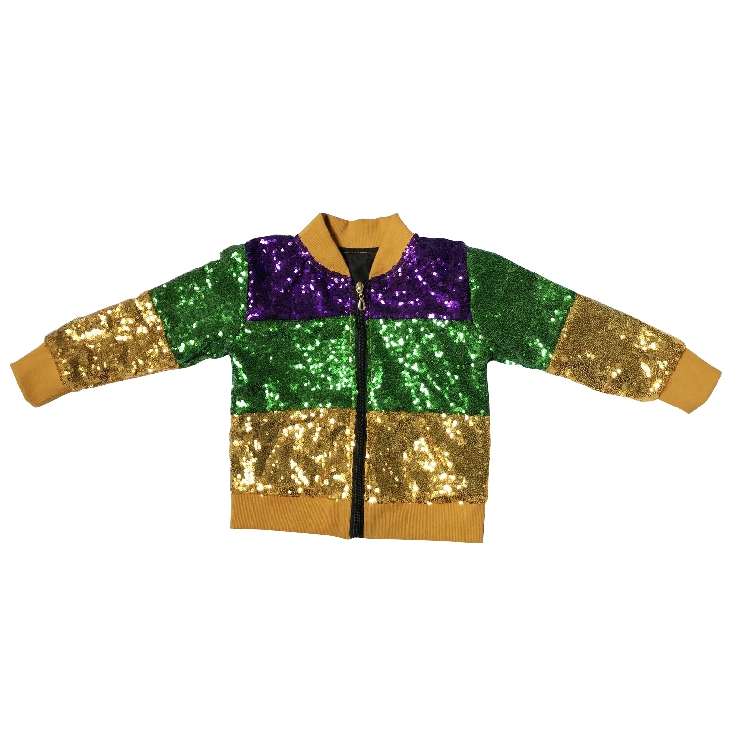 Mardi Gras Reversible Sequin Jacket Kids Casual Zipper Coat Children Purple Green Gold Outwear Holiday Gift