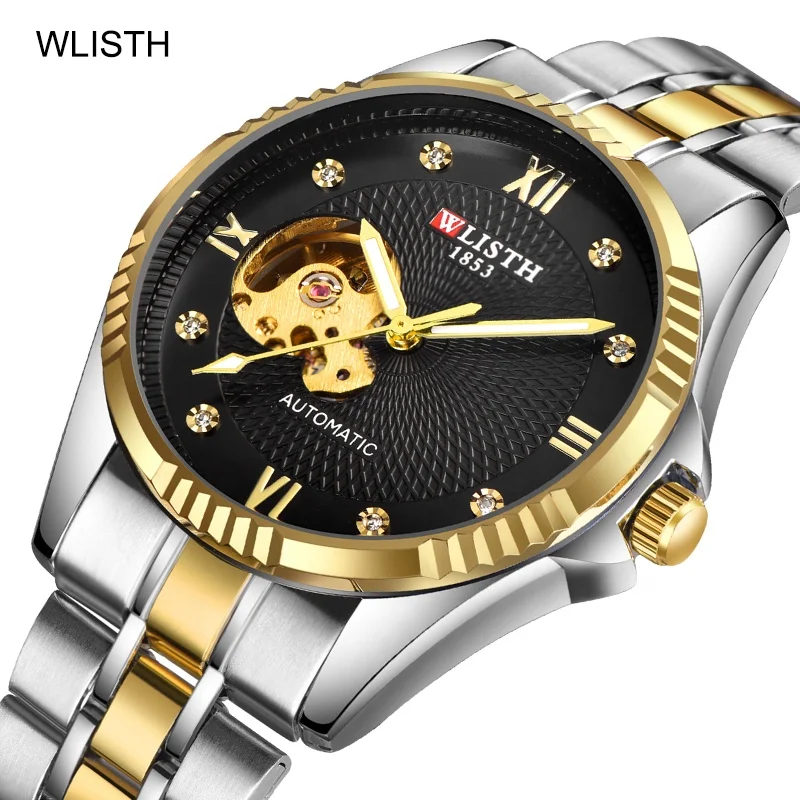 Classic black gold Diamond mechanical hollow men watch   diamond hollow gold automatic mechanical   wholesale  watch