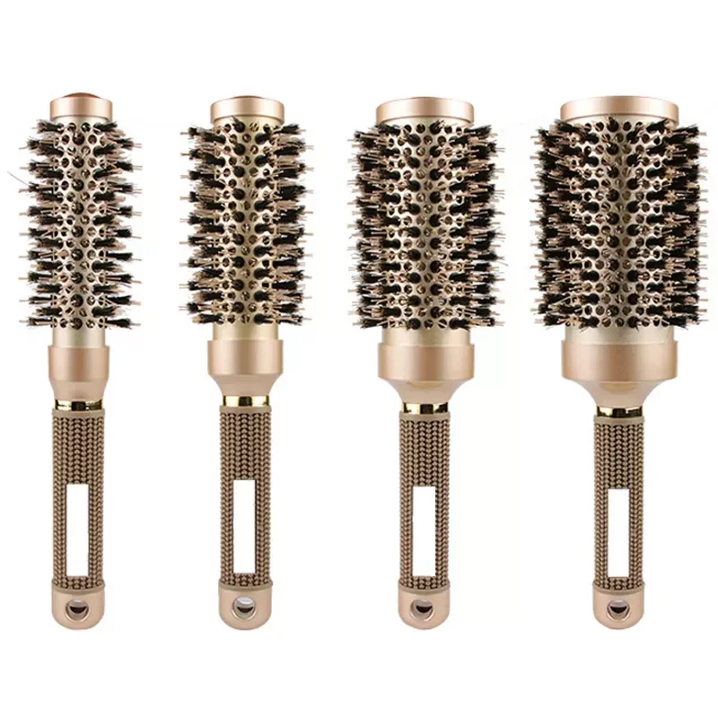 Private Label Professional Gold Ceramic Round High Quality High Temperature Resistance Nylon Boar Bristle Styling Hair Brush
