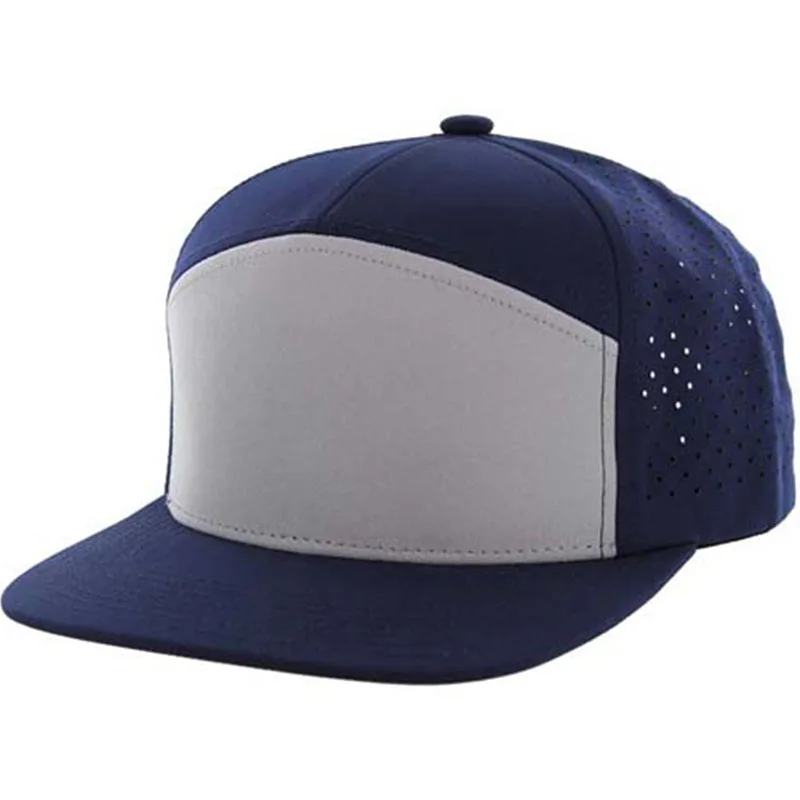 Custom High Quality Plain Rubber Pvc Patch Men Luxury 7 Panel Flat Brim Laser Cut Hole Perforated Hat, Hip Hop Snapback Caps
