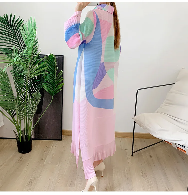 High Quality Miyake Pleated Print Shirt Dress Petal Fashion Casual European and American Women Plus Size Dress