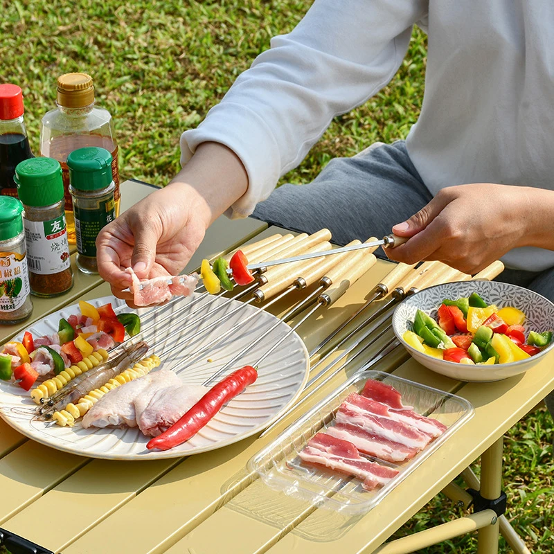 OEM Manufacturer Stainless Steel 304 Needles Wooden Handle Grilling Kebab Skewers Barbecue Roasting Sticks Wood Bbq Tools