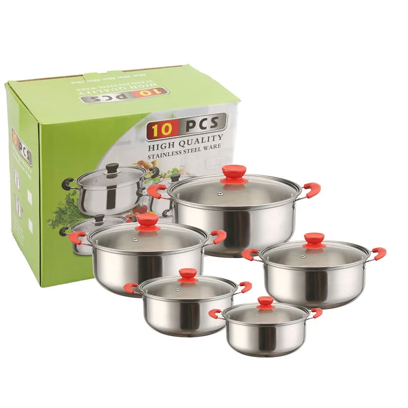 10 Piece Wholesale Kitchen Ware Stock Pot gold handle Stainless Steel Cooking soup Pot Cookware Set