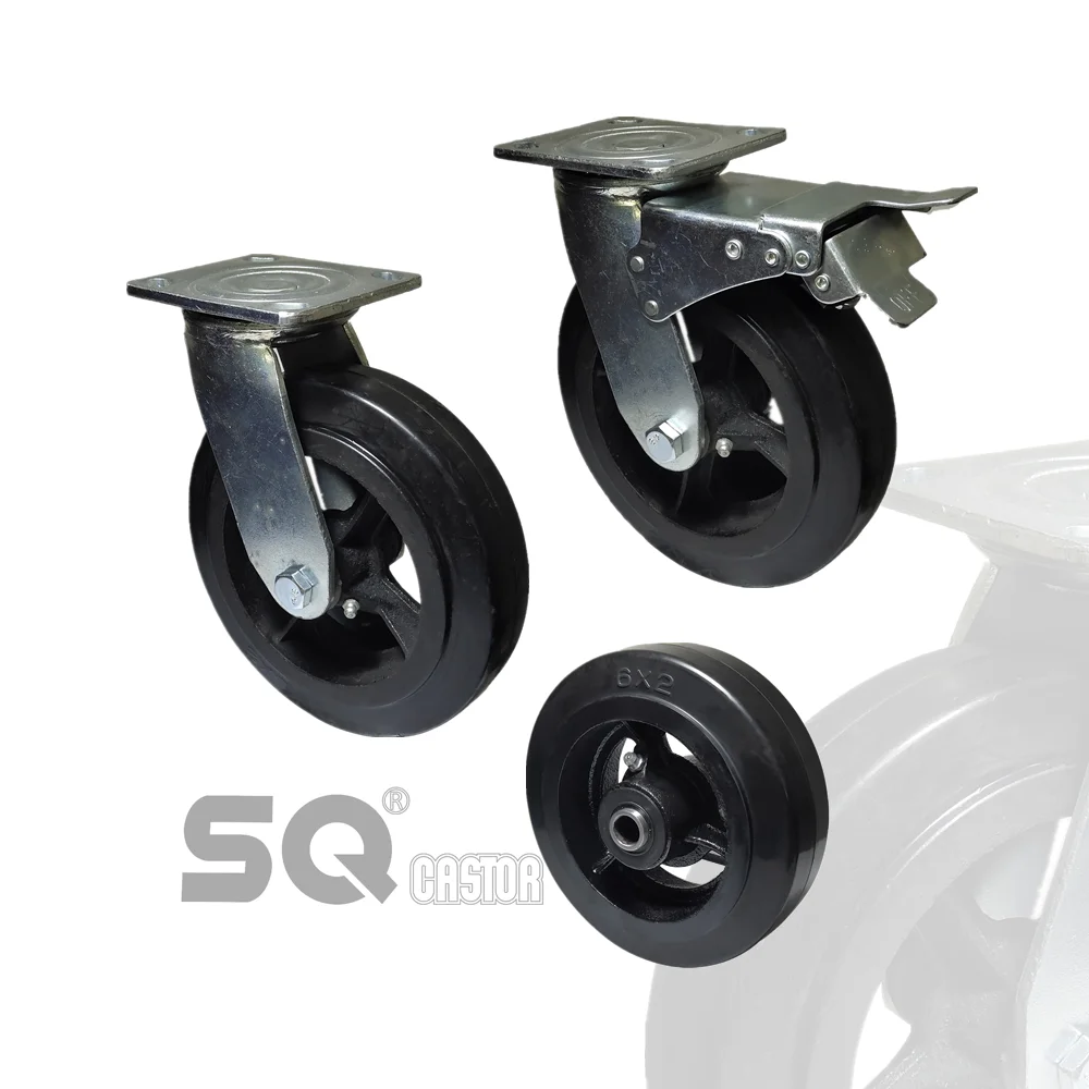 Heavy Duty durable Castor low noise black Rubber Casters 4 5 6 8 Inch Mold-on Rubber Caster Wheels for industry