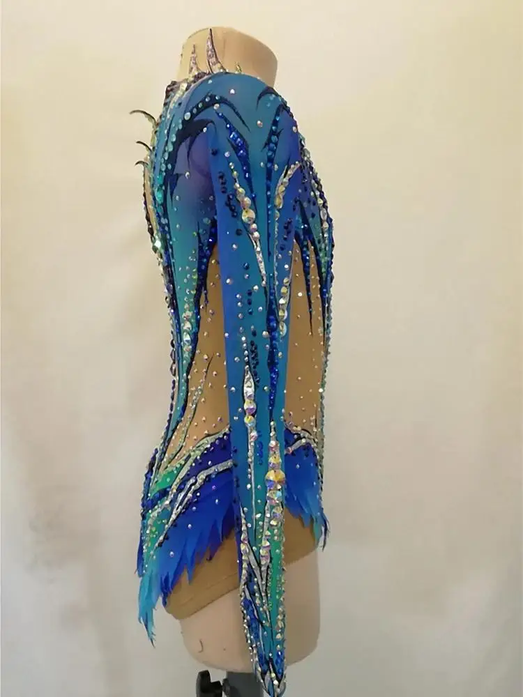 One-sleeve skating dress blue Rhythmic gymnastics leotards costumes girls competition ballroom leotards dance costumes