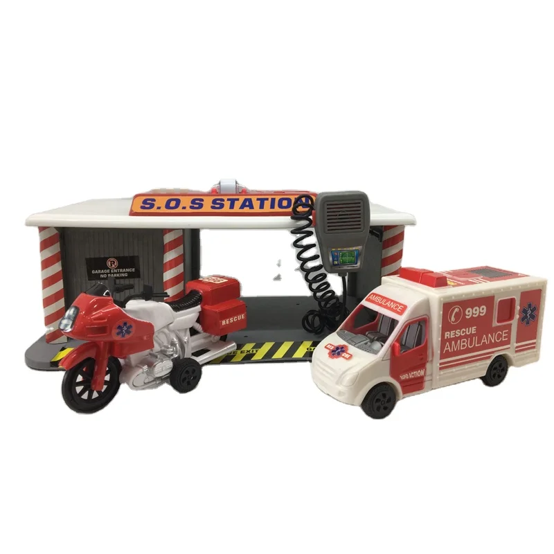 Ambulance Set Sliding Car Parking Lot Toys With Light Sound SOS Station Ambulance Motorbike Set Toys for Kids