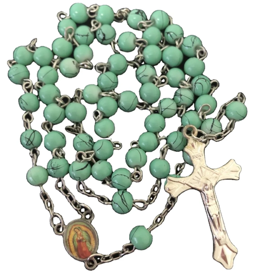 green glass rosary necklace baking varnished religious rosary beads with virgin Guadalupe centerpiece