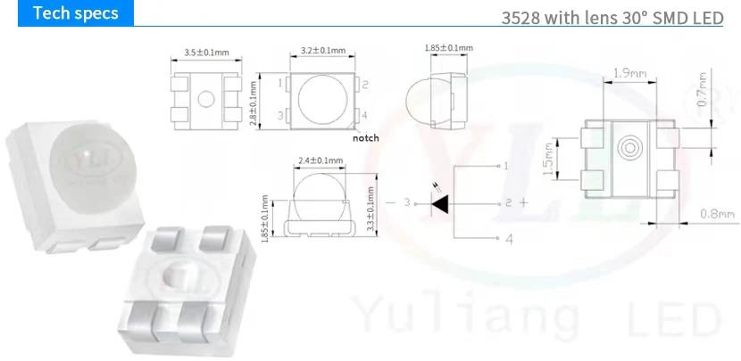 China Manufacturer Yuliang LED Small Power 0.1W Dome Lens 3528 Red SMD LED Chip PLCC4 620-630nm for Automotive lights