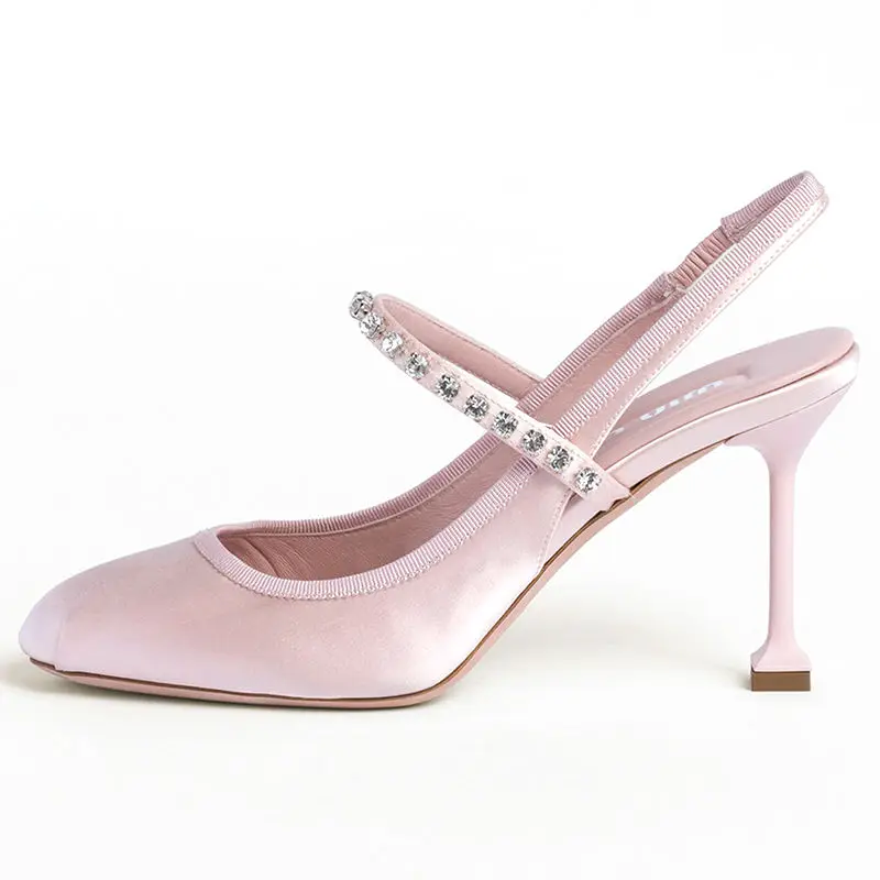 Custom Satin Pumps Manufacturer Round Toe Stiletto Heel Slingback Satin Shoes Customized Material Fabric Fiber Women Heels Shoes