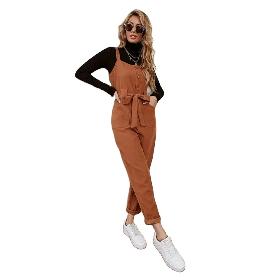 high  quality   women  Button And Pocket Front Belted Pinafore  custom jumpsuit  for women