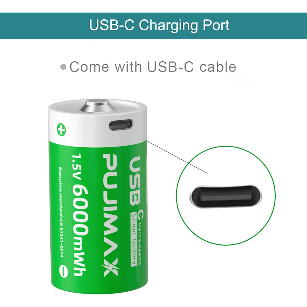 PUJIMAX Constant Voltage C Size Lithium Ion Battery 6000mWh 1.5V Type C Charging Rechargeable Batteries USB C Li Ion Battery