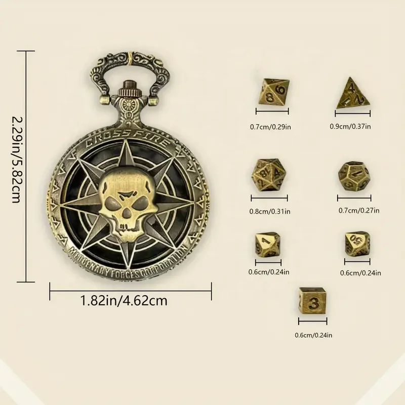 7pcs Portable Mini Role Playing Dice with Pocket Watch Shell, Cards Board Game Polyhedral Metal Dice Set