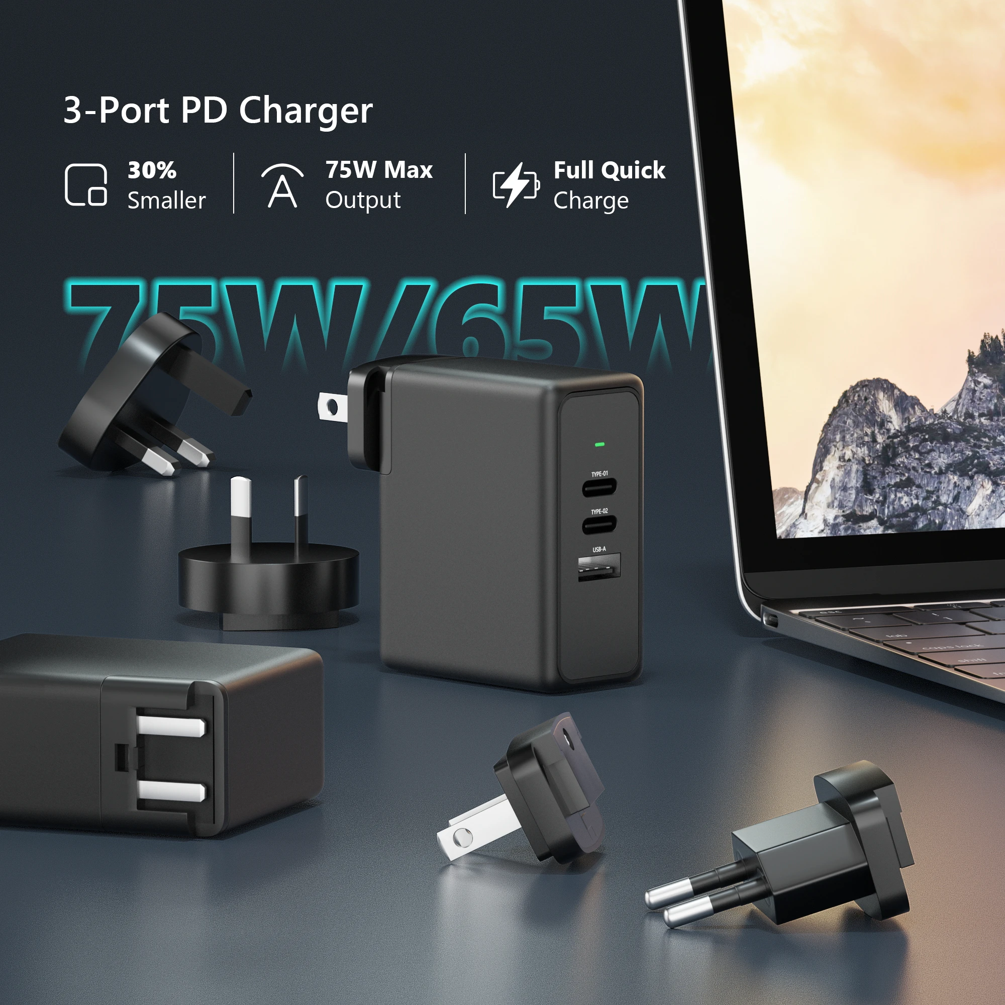 Travel Adapter Universal 65W Type C USB Worldwide International Wall Charger AC Power Plug Adapter for US EU UK cable