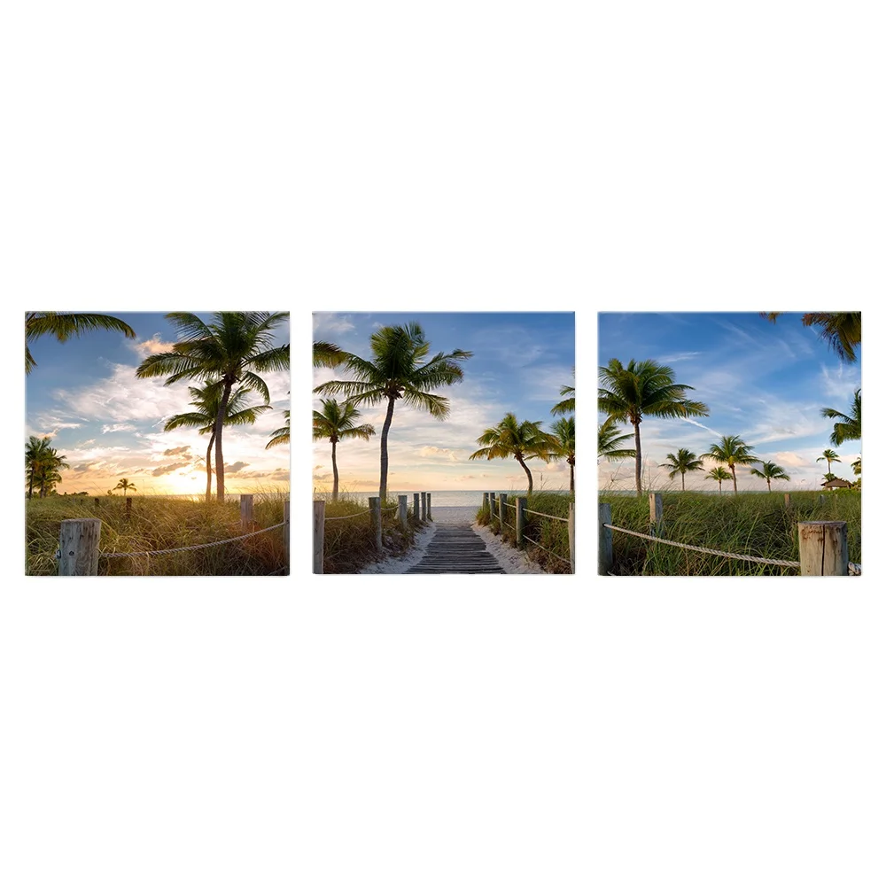 Custom 3 panels sunset palm tree picture designs art painting for sale modern wall paintings wholesale home decor