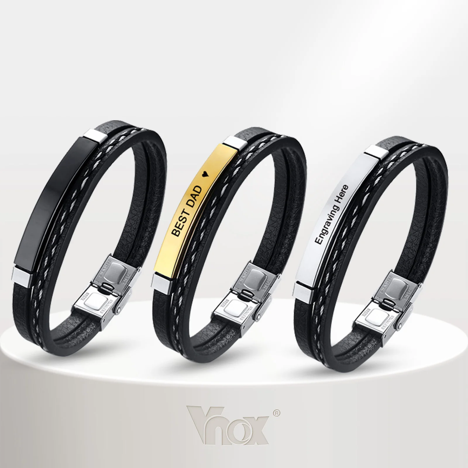 Vnox Customized Men Wristband Cuff Bangle Bracelets Gifts, Logo Date Stainless Steel Leather Bracelet