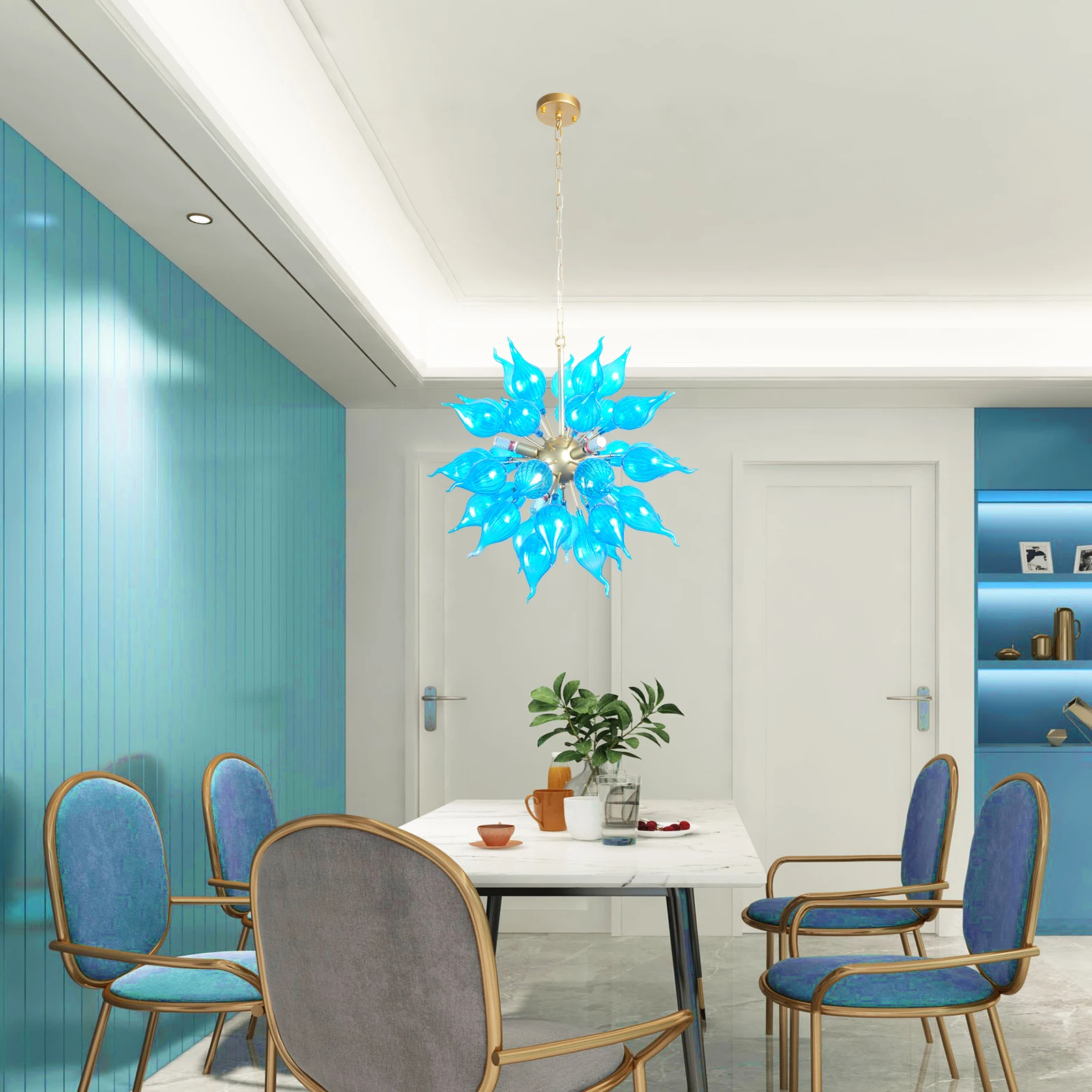 Blue Hand Blown Chandelier Living Room Modern Indoor Decor Frosted White Glass Chandeliers Hanging Pendant Lamp with LED Bulbs