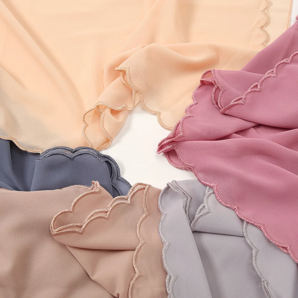 New design heavy chiffon 185*70cm Brand Embroidery Scallops Floral Shawl Fancy Embroidery Edge Chiffon Muslim Hijab Scarf