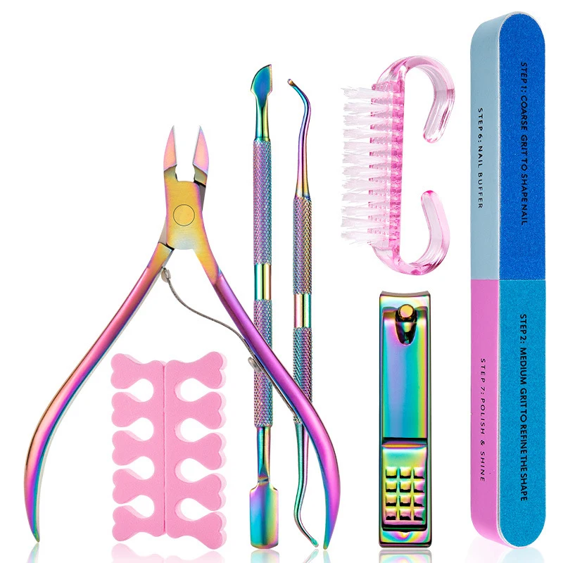 Rainbow Set Nail Art Exfoliating Tools Scissors Pliers Peeling Push Dead Skin Cuticle Pusher Nipper Spoon Remover Clipper Cutter