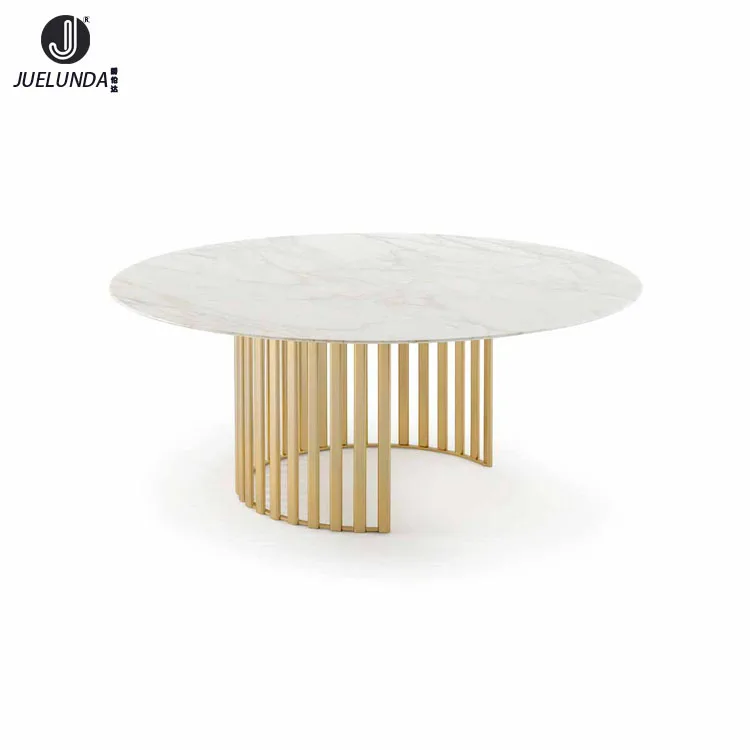new design Italian style hotel furniture five star modern stainless steel bronze brushed base round marble dining table