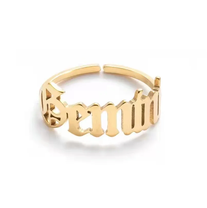 European Fashion New  Arrival Finger Jewelry Handmade Gold Silver 12 Zodiac Name Stainless Steel Open Adjustable Rings Women Rin