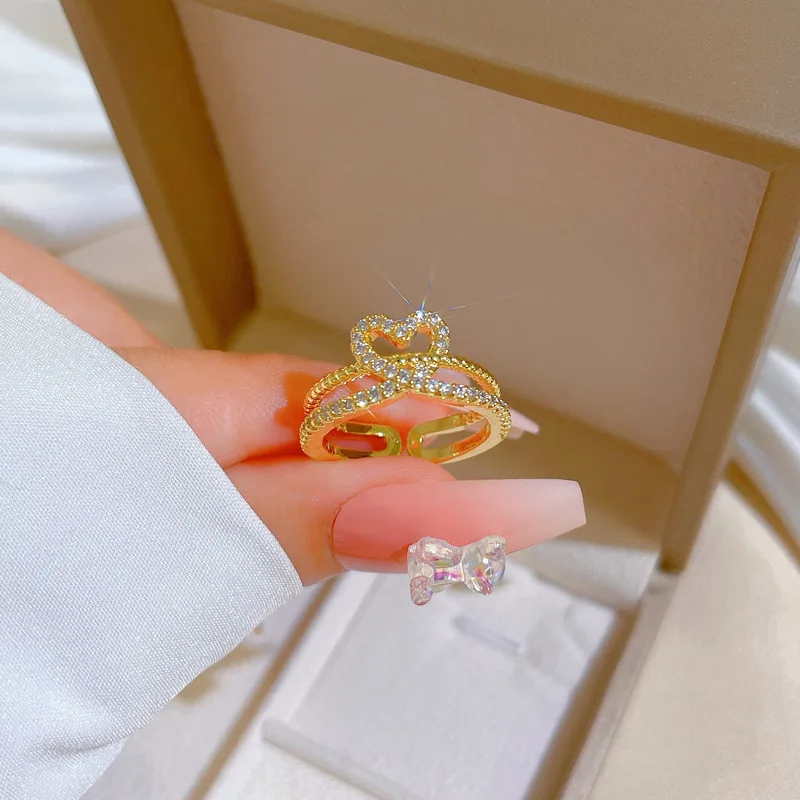 Brass 18 K Gold Plated Heart Love Diamond Two Cycles Rings for Women Hollow Metal Texture Multilayer Ring Trendy Jewelry