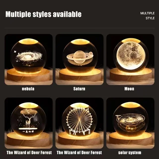 6cm Glowing Crystal Ball Night Light Led Bedside Light Milky Way Light Ornament Solid Wood Base USB Night Lamp